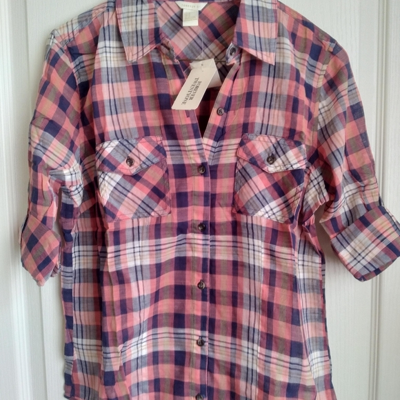 Forever 21 coral navy button up woven shirt, medium, Nwt - Picture 1 of 5